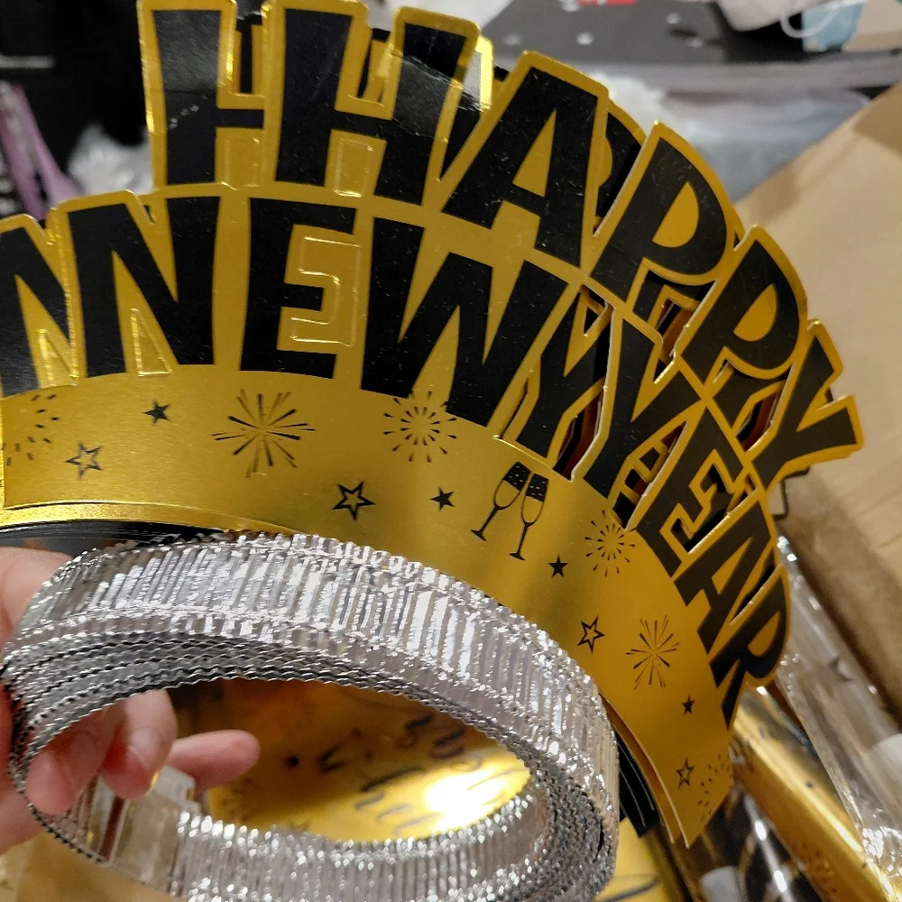 48 Piece Happy New Year 2025 Black and Gold Party Hat